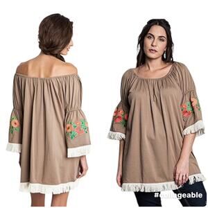 Umgee Women’s Tunic Top Dress L Boho Embroidered Bell Sleeve Fringe Hem